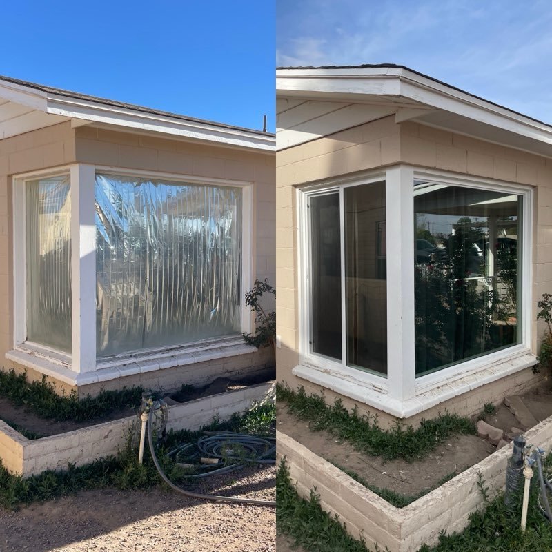Before and after of a failed picture window replaced with a new Alpine slider and picture window unit